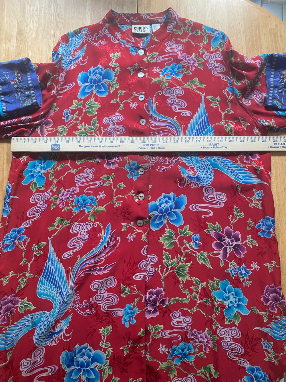 Vintage Chico's Red Silk Kimono Tunic Top with Blue Dragon and Floral Accents - Picture 5 of 8